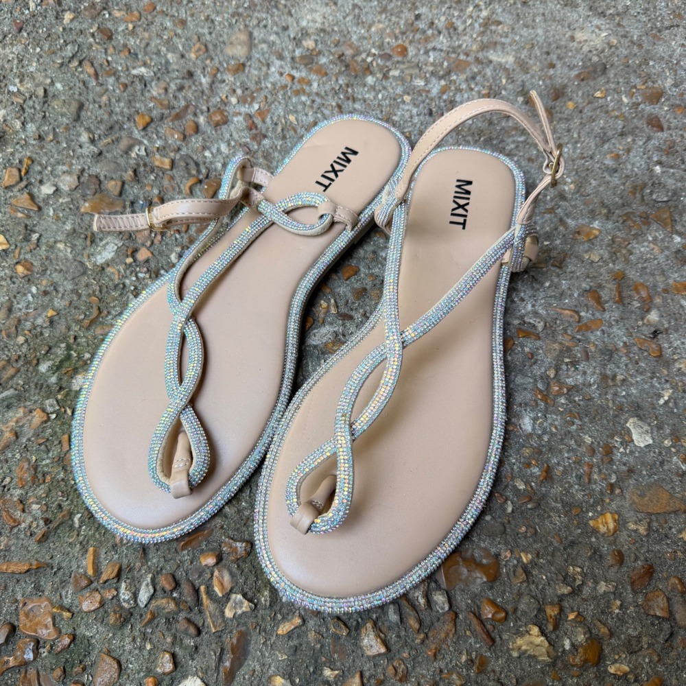 Mixit MX Colette Nude Rhinestone Flat Sandals Womens 8M T-Strap Ankle Strap